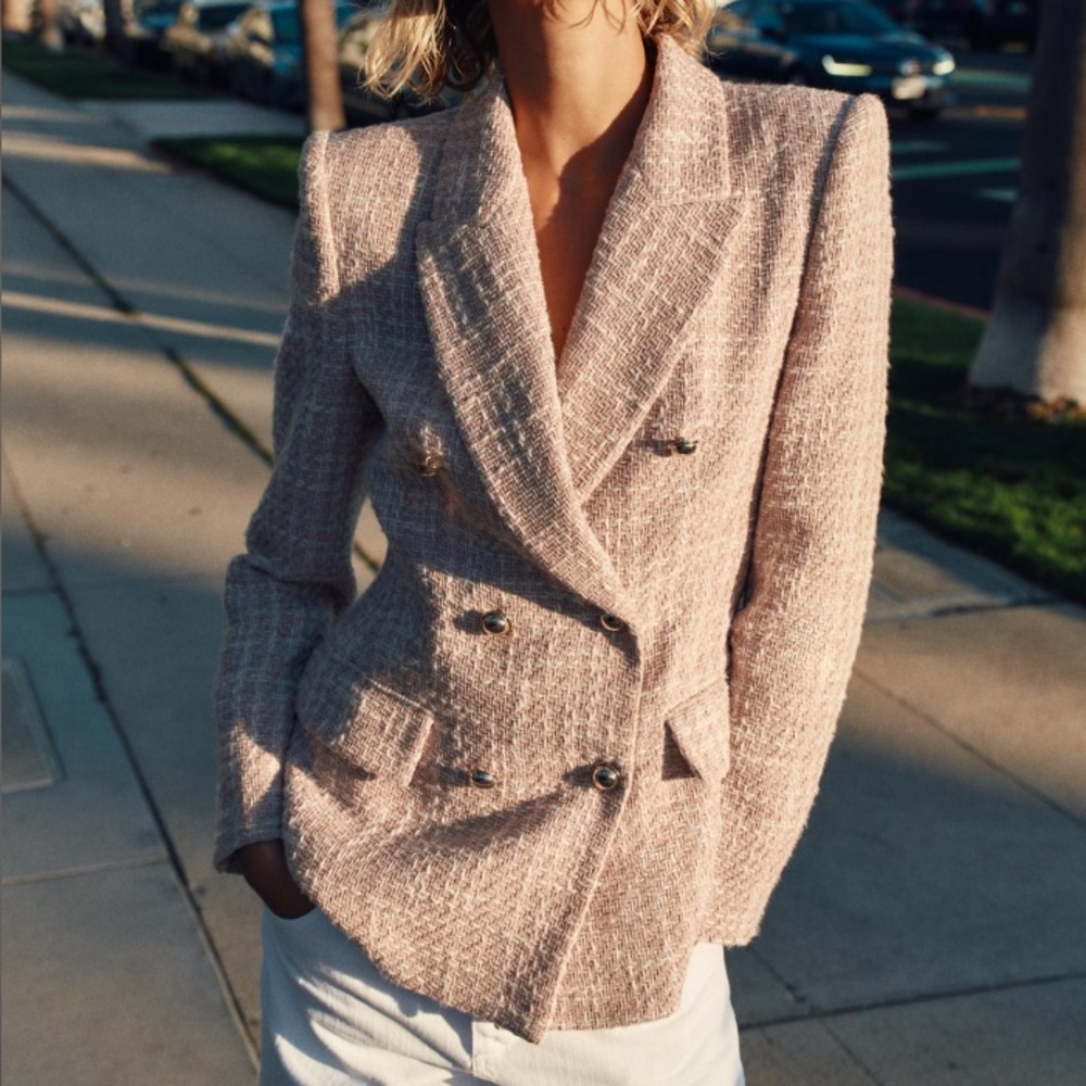 Zara Double Breasted Textured Weave Jacket